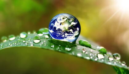 Extreme close-up of the world in a drop above a green leaf with rainwater drops, selective focus and creative lens effect against a natural green defocused background with copy space. Generative Ai.