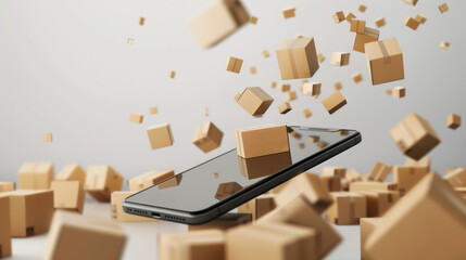 3d illustration of array of small cardboard boxes appears to float around a smartphone screen. The image conveys the concept of online shopping and the convenience of digital retail platform, delivery