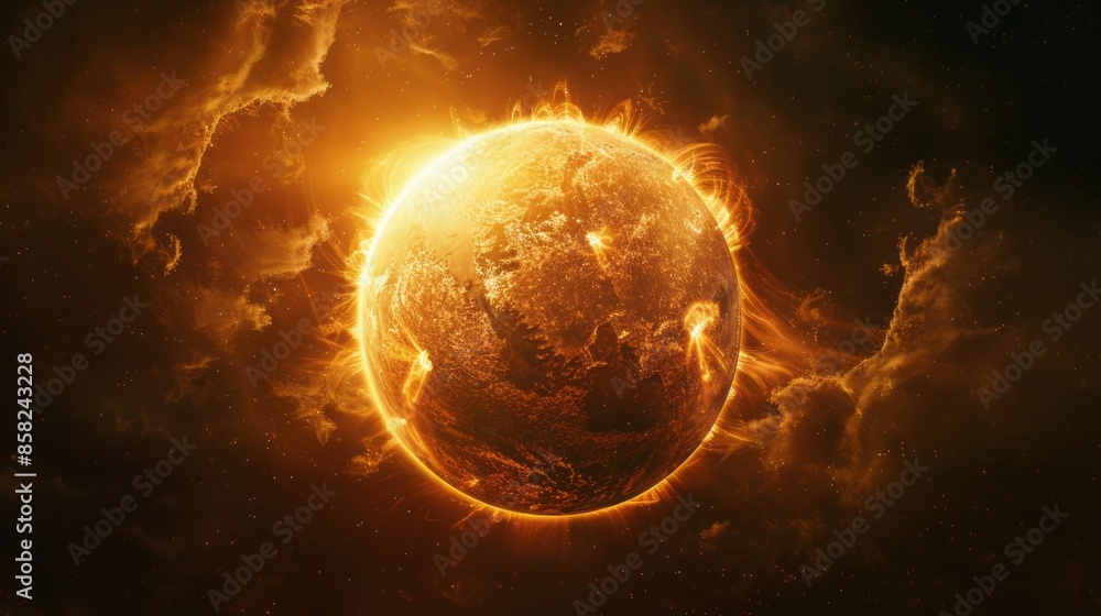 Poster a close up of a sun with a planet in the background