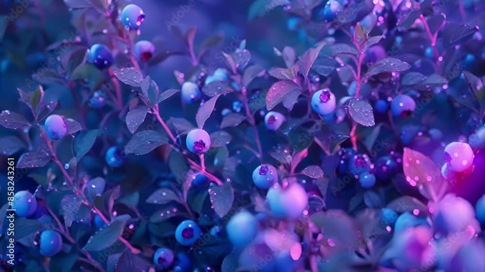 Aufkleber in a field of vibrant blueberry bushes a swarm of tiny robots work together to complete their assign