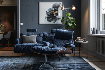 blue sofa and recliner chair in scandinavian apartment with modern interior room design with plants