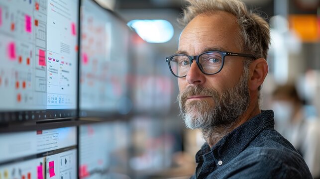 Project manager collaborating with designers and developers to review user stories and provide guidance illustration images