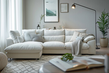 white sofa and recliner chair in scandinavian apartment with modern interior room design with plants