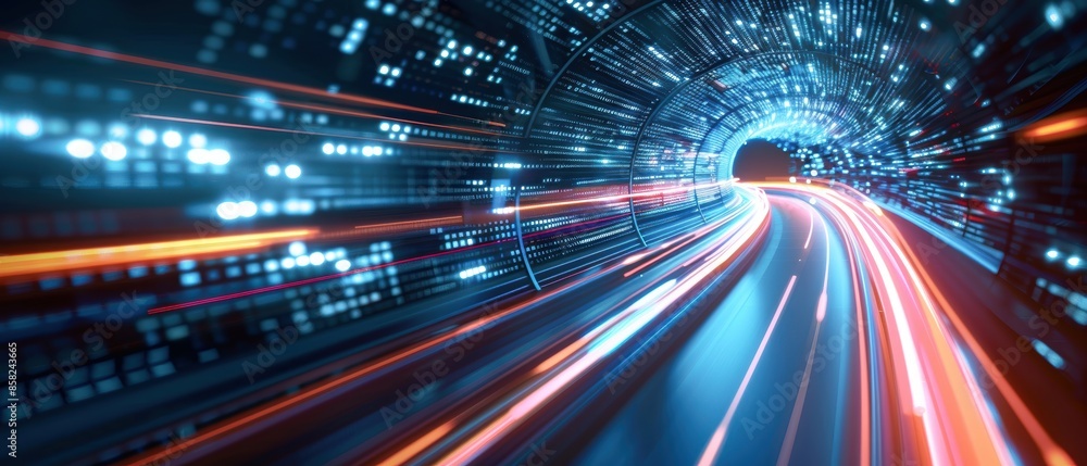 Poster light streaks in a digital tunnel, showcasing high-speed data flow and connectivity, dynamic and bri