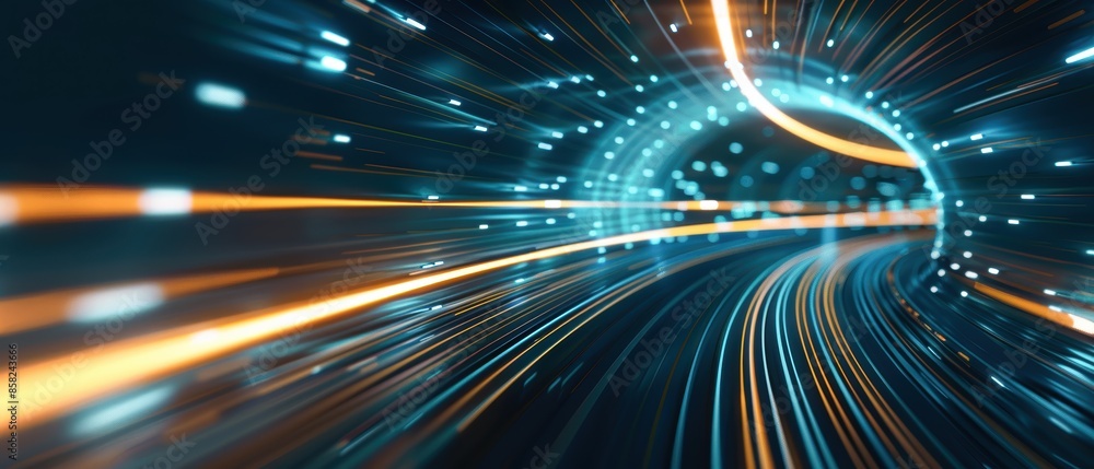 Poster light streaks in a digital tunnel, showcasing high-speed data flow and connectivity, dynamic and bri