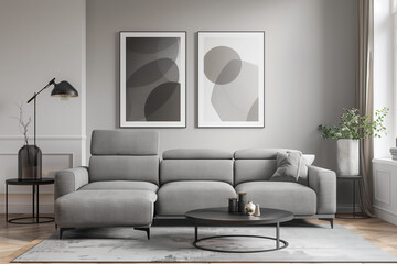grey sofa and recliner chair in scandinavian apartment with modern interior room design with plants