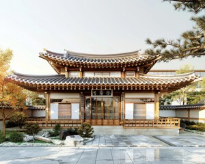 Naklejka premium Traditional hanok with modern rainwater harvesting system