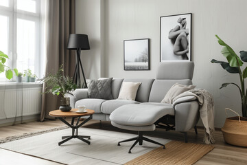 grey sofa and recliner chair in scandinavian apartment with modern interior room design with plants