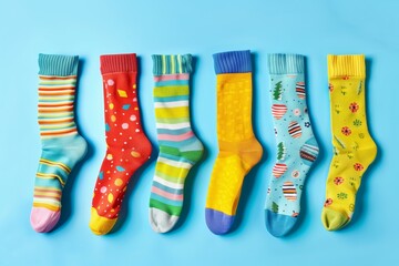 A row of colorful socks with different patterns and designs