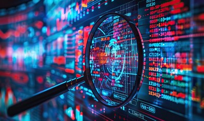 Discover futuristic data analytics and audit solutions for corporate accounting, featuring interactive dashboards, charts, and graphs accessible on laptop and mobile devices. illustration images