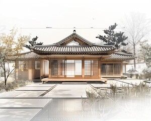 Fototapeta premium Traditional hanok with modern rainwater harvesting system