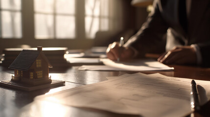 Fototapeta premium An agreement document, a small model of a house & pen on a table. A blurred man is looking for a signing. property insurance, mortgage loading, real estate paperwork concept.