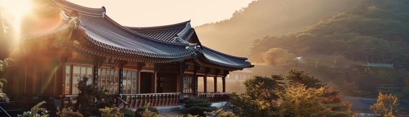 Naklejka premium Hanok with rainwater harvesting system and green construction technologies