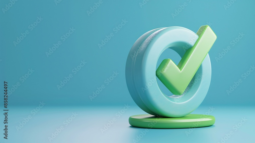 Poster green check mark symbol inside a circular frame on a turquoise background, representing approval or 