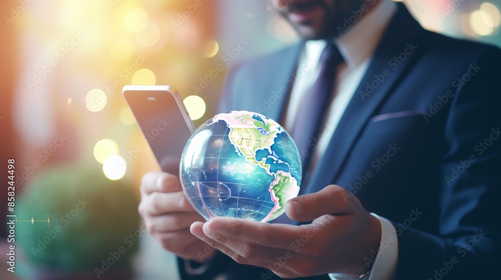 Aufkleber a businessman using a smartphone globe to connect with potential customers worldwide, expanding his 