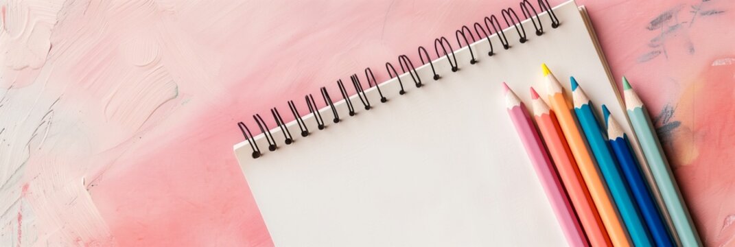 A notebook with a spiral binding and a set of colored pencils on top of it - Powered by Adobe