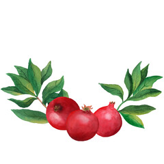 Composition of three whole pomegranates with leaves. Watercolor illustration isolated on white background. For menu, card, sticker, wrapping