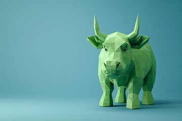 Fototapeta premium Green geometric bull statue on blue background, modern animal figure art representing bullish stock market, strength and stability. 3D Illustration.