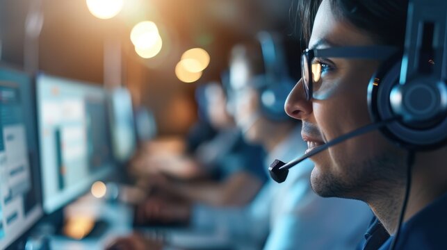 Technical support agents using advanced software, modern office setting, representing professional customer service, vibrant and detailed