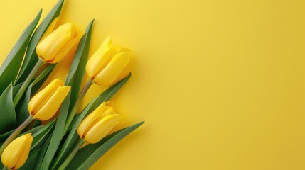 Yellow tulip flower arrangement on yellow background with frame for text Wedding birthday Valentine s Day Mother s Day concept Flat lay top view