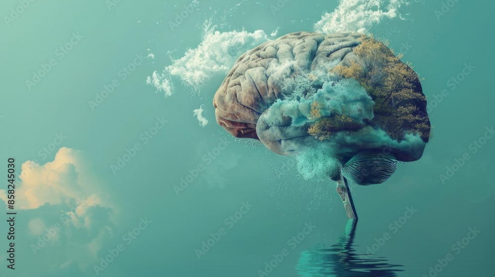 Poster a brain is floating in the water with a cloud in the background