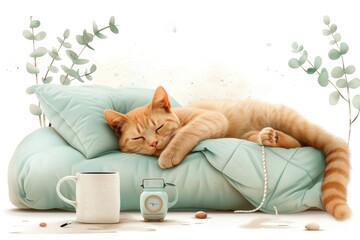 A peaceful orange cat napping on a pillow with a soft green background, accompanied by a cup and a small clock.