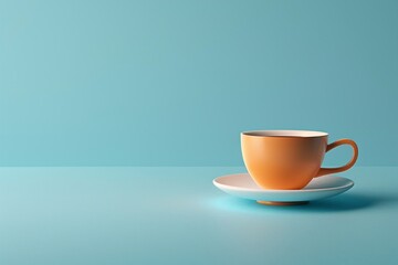 Obraz premium Minimalist orange cup on a saucer against a blue background, evoking a sense of calm and simplicity in a modern setting. 3D Illustration.
