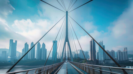 Fototapeta premium Modern cable-stayed bridge with a cityscape in the background