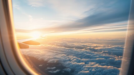 Airplane window with a beautiful sky view, colorful clouds, travel and tourism theme, high resolution and captivating