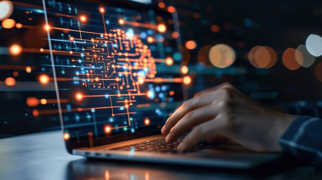 AI-driven programming on a laptop screen, hands typing, showcasing artificial intelligence and software development, detailed and vibrant