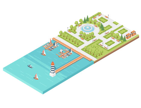 Three-dimensional isometric view showcasing marina pier sailboat and yacht harbor vector illustration isolated on white background