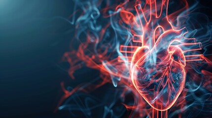 Anatomical heart glowing in vibrant red, surrounded by swirling smoke, detailed medical illustration, intense and high resolution