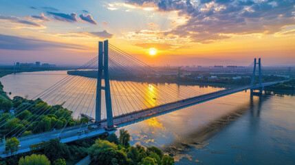 Obraz premium Modern suspension bridge spanning across a wide river at sunset