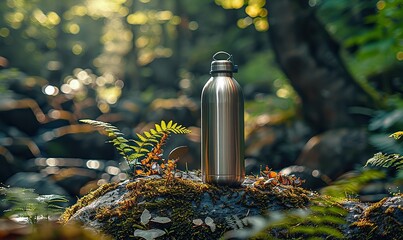Gray water bottle rests on a rock among lush greenery, casting a wide panorama of nature. illustration images