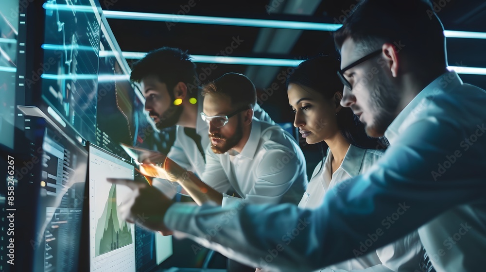 Poster team of professionals analyzing data on multiple computer screens in high-tech office.