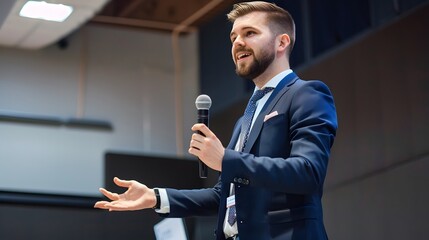 Confident businessman delivering a presentation with a microphone in a modern conference hall.