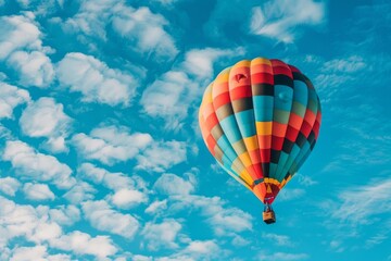 Naklejka premium Bring to life a captivating worms-eye view of a hot air balloon drifting in a vivid blue sky, its colors vibrant and playful,