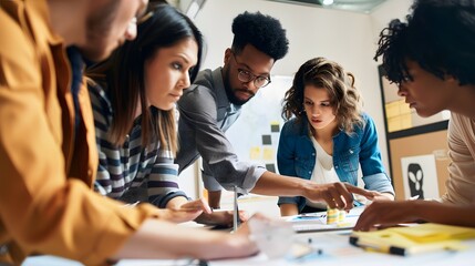 Obraz premium Diverse team collaborating on creative project in modern office environment.