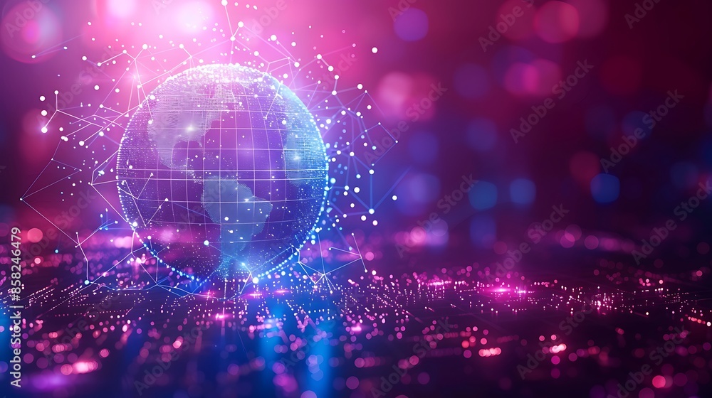 Wall mural global network concept globe with interconnected lines on greenish-blue bokeh background