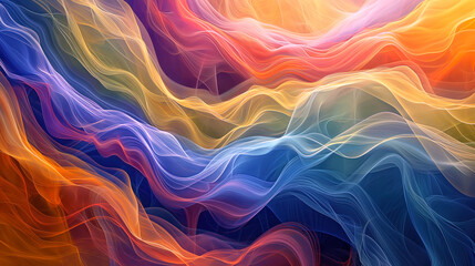 Obraz premium Abstract colorful flowing lines. A vibrant composition featuring dynamic, multicolored lines blending orange, blue, and yellow hues, creating a sense of fluid movement and energy