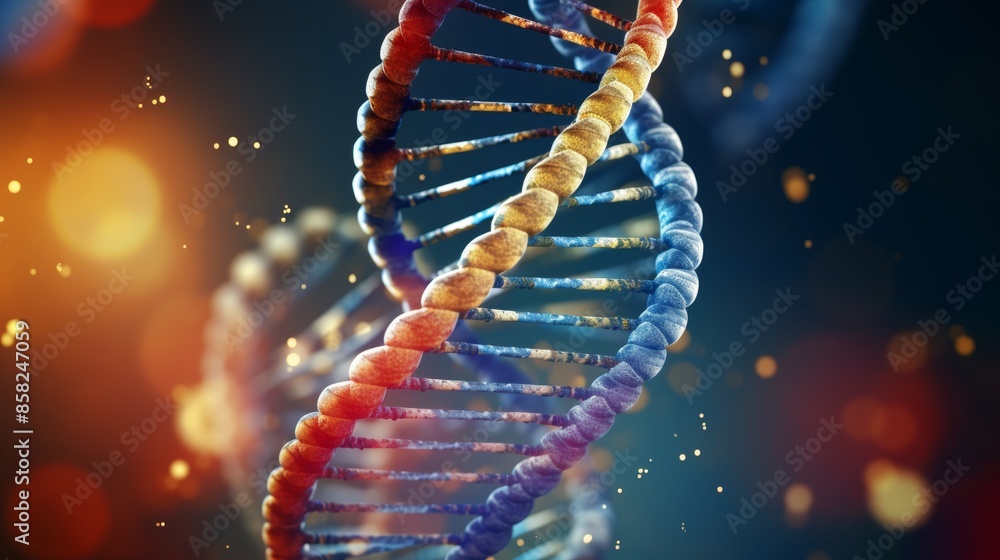 Poster A captivating animation of a digital DNA molecule, its structure morphing into various evolutionary stages, illustrating the process of genetic adaptation.