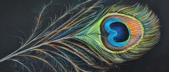 Fototapeta premium Bring to life the mesmerizing patterns of a peacock feather in a close-up shot using charcoal, revealing the vibrant colors and delicate lines,