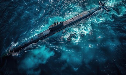 Obraz premium A submarine is moving through the ocean, leaving a large wake behind it.