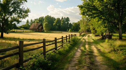 Rural landscape with wooden fence and farmhouse