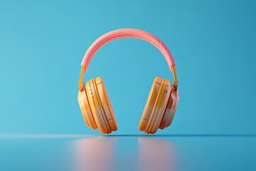 Vibrant yellow and pink wireless headphones on a blue background. Modern audio accessory perfect for music lovers and tech enthusiasts. 3D Illustration.