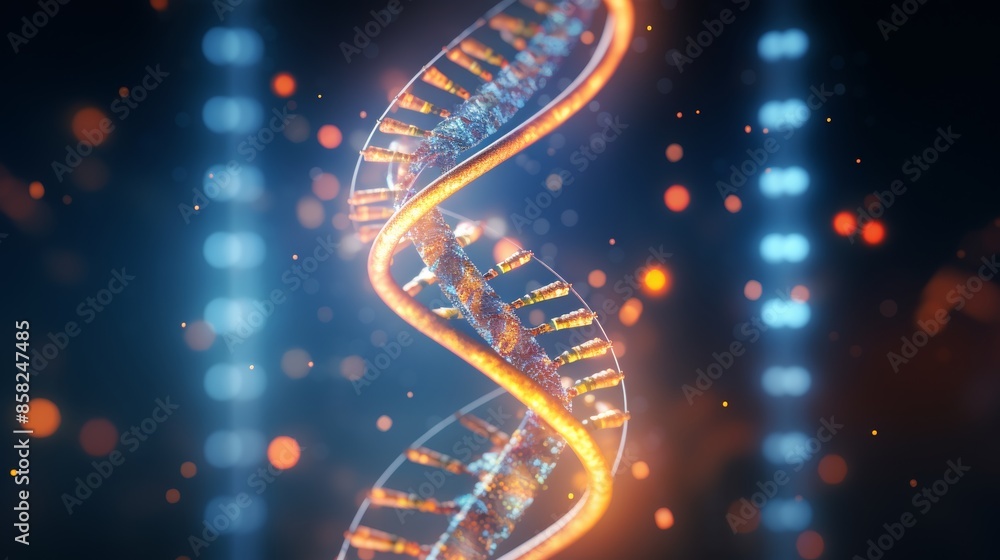Poster a captivating animation of a digital dna molecule, its intricate sugar-phosphate backbone and comple