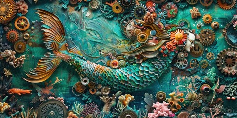 Obraz premium Steampunk Mermaid in Underwater Realm