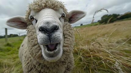 Funny sheep. Portrait of sheep showing tongue. 