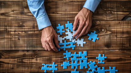 Person doing a puzzle on a large wooden table