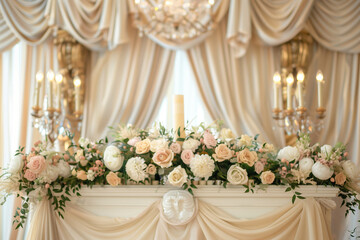 altar decorated with a stunning arrangement of pastel flowers, candles, and draped fabrics. The background shows the opulent details of the ballroom in soft focus. Commercial photo